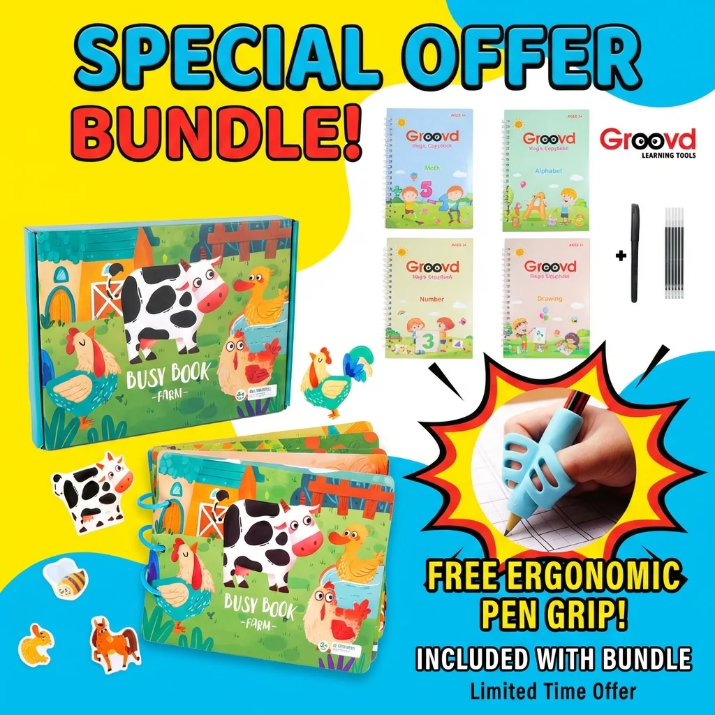 Children's Magic Copybooks + BrightMinds™ Busy Book + 1 FREE Pen Grip Trainer