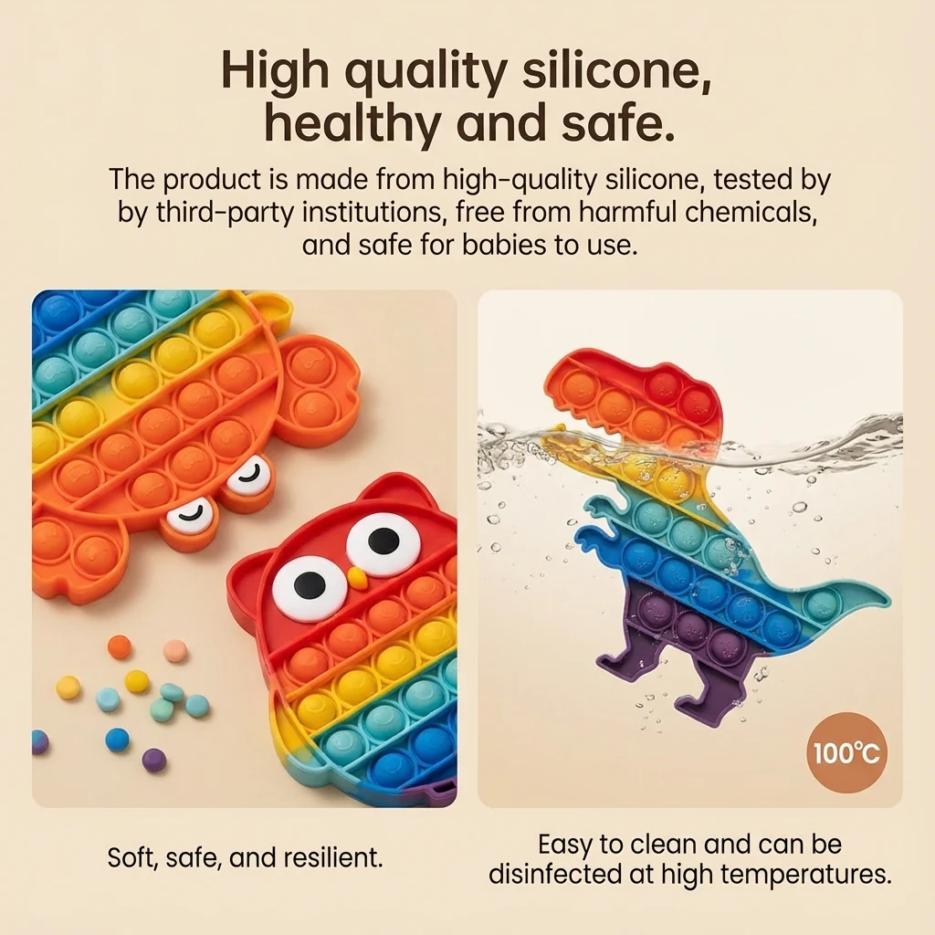 Rainbow Pop-it Fidget Toys for Kids – Press-to-Play Silicone Sensory Toy Set, Dinosaur, Owl & Crab Shapes - Image 2
