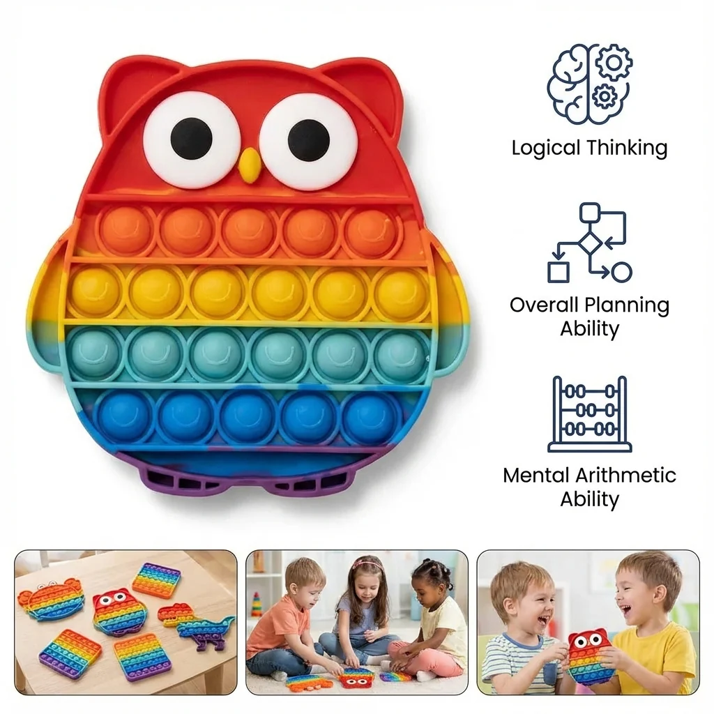 Rainbow Pop-it Fidget Toys for Kids – Press-to-Play Silicone Sensory Toy Set, Dinosaur, Owl & Crab Shapes - Image 4